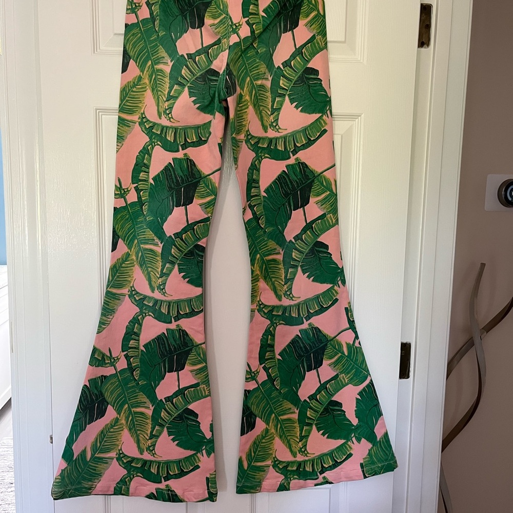 Judith March Green Leaf Print Flare Pants